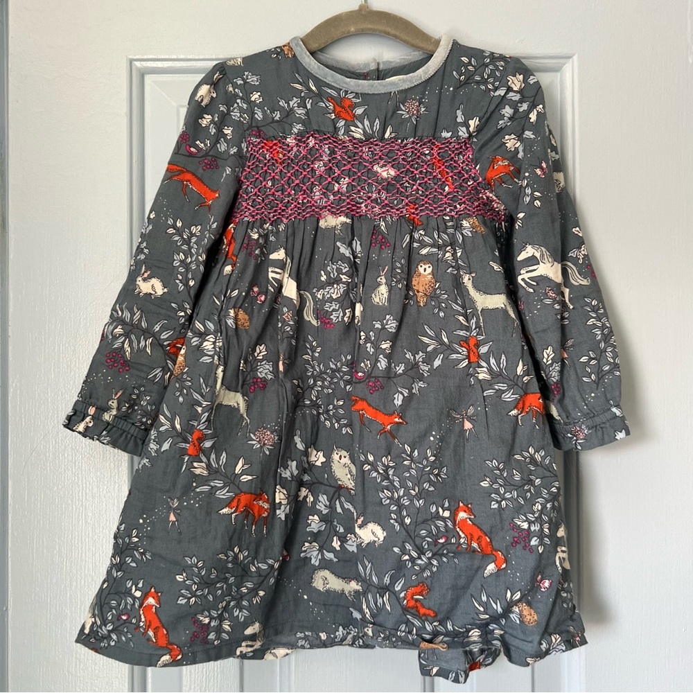 Baby Boden Floral Woodland Animals and Floral Smocked Dress, 2-3Y